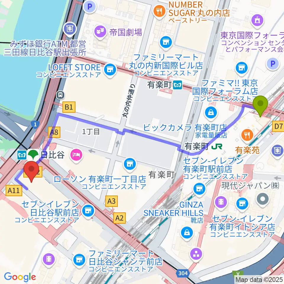 有楽町駅からベヒシュタイン・セントラム 東京ザールへのルートマップ地図