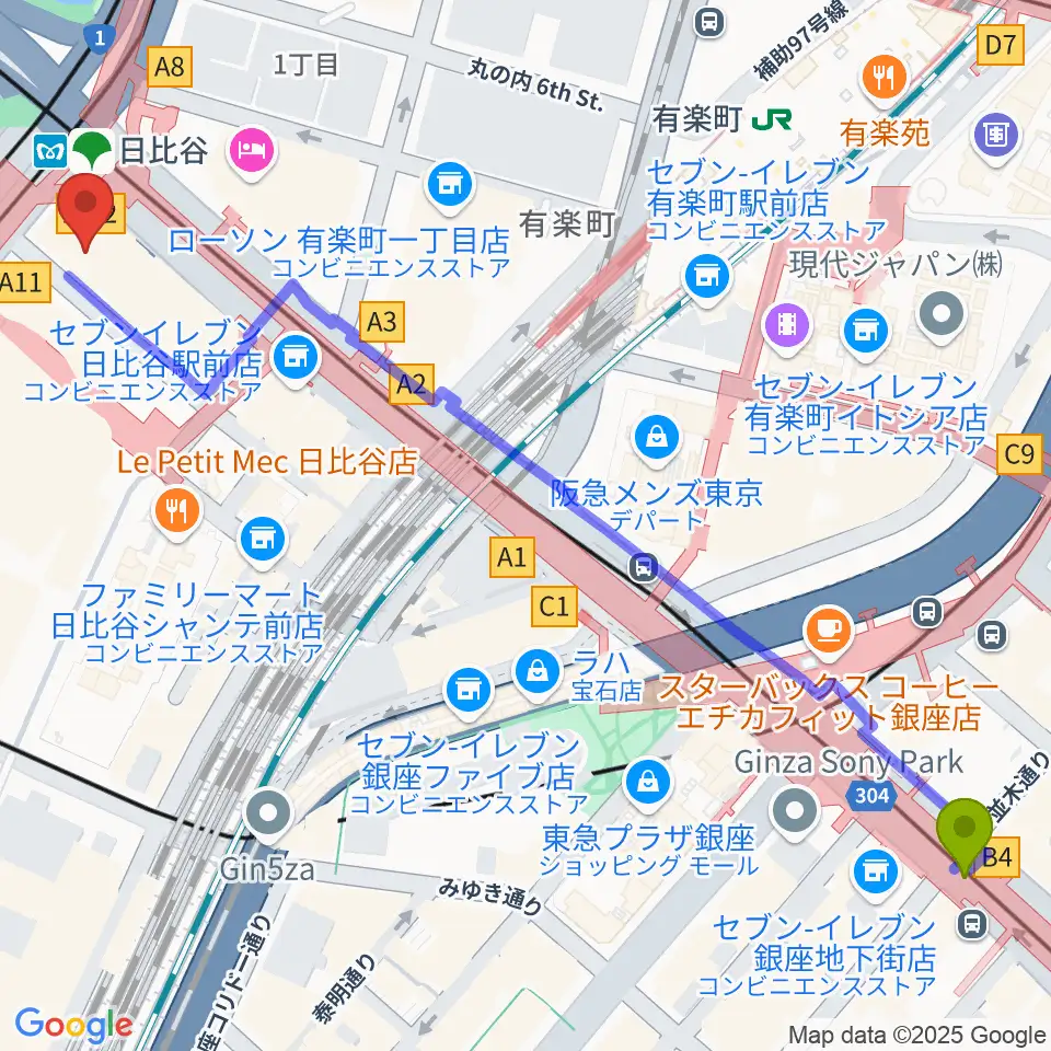 銀座駅からベヒシュタイン・セントラム 東京ザールへのルートマップ地図