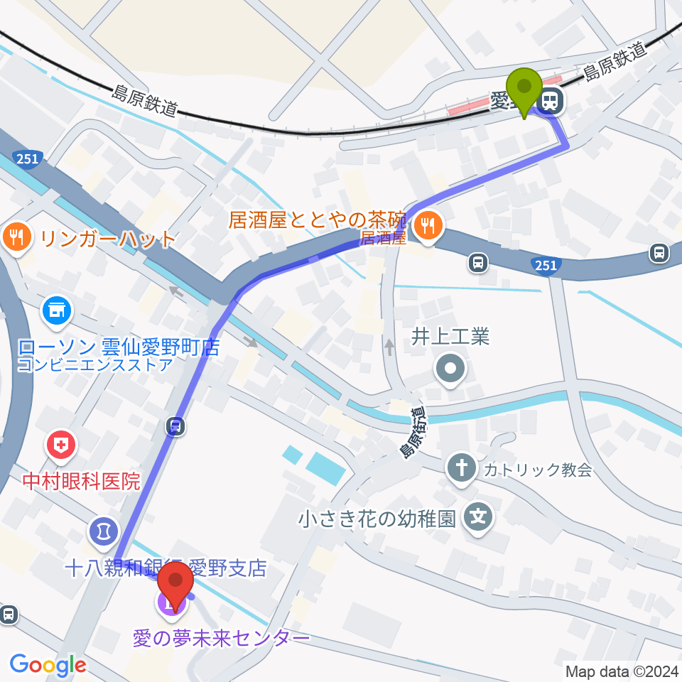 愛の夢未来センターの最寄駅愛野駅からの徒歩ルート（約7分）地図