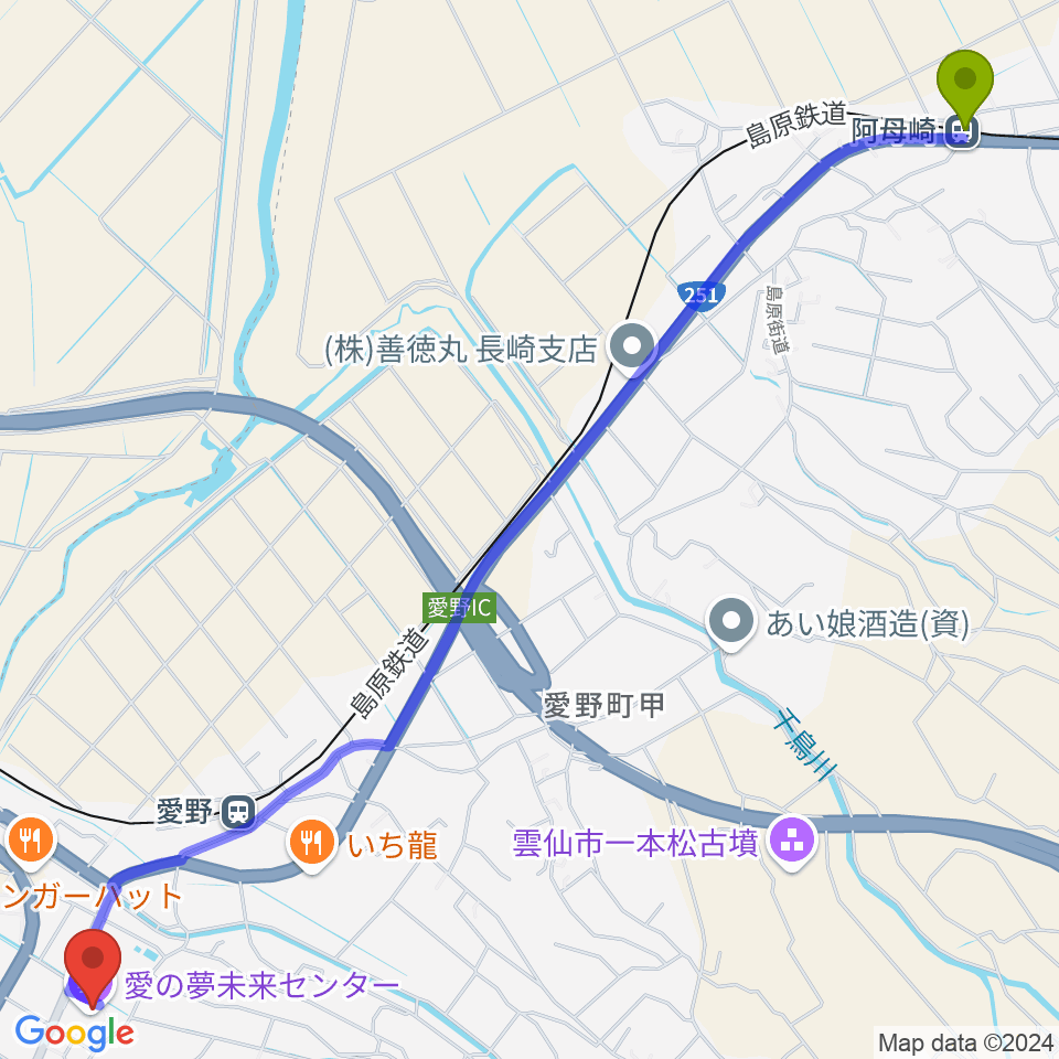 阿母崎駅から愛の夢未来センターへのルートマップ地図