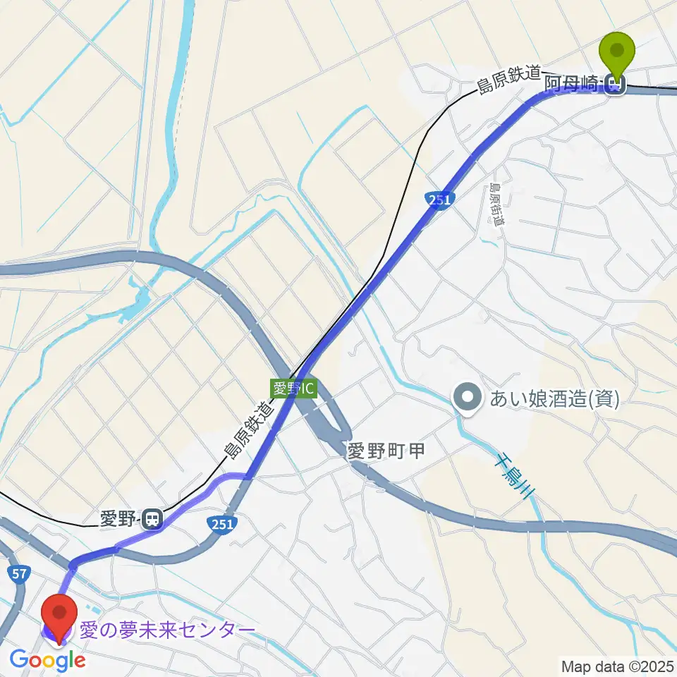 阿母崎駅から愛の夢未来センターへのルートマップ地図