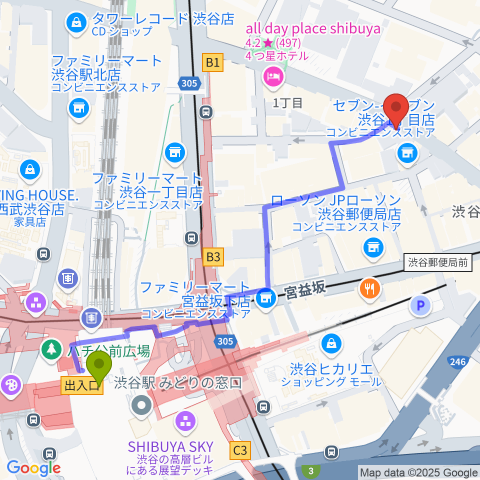 渋谷近未来会館の最寄駅渋谷駅からの徒歩ルート（約6分）地図