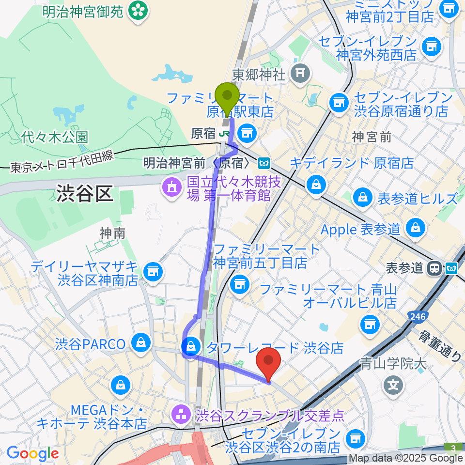 原宿駅から渋谷近未来会館へのルートマップ地図