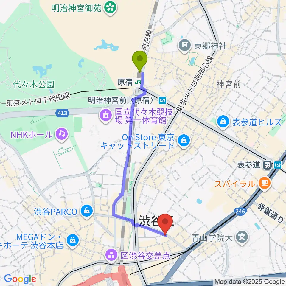 原宿駅から渋谷近未来会館へのルートマップ地図