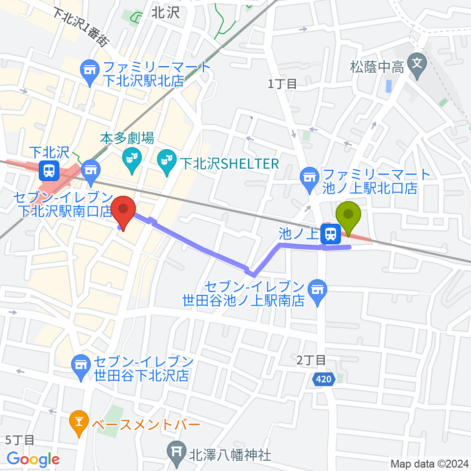 池ノ上駅から下北沢シャングリラへのルートマップ地図