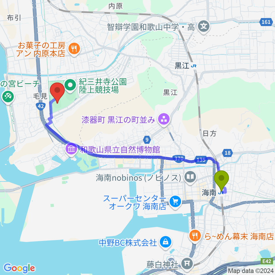 海南駅から紀三井寺公園野球場へのルートマップ地図