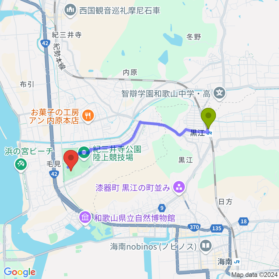 紀三井寺公園野球場の最寄駅黒江駅からの徒歩ルート（約33分）地図