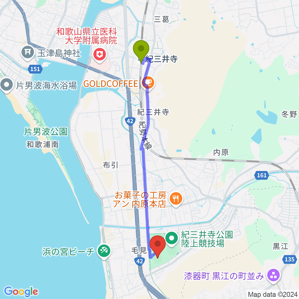 紀三井寺駅から紀三井寺公園野球場へのルートマップ地図