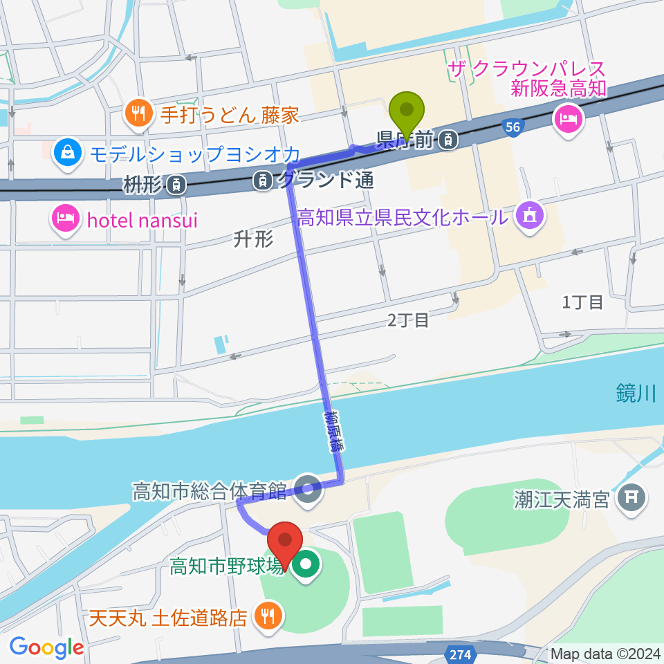 県庁前駅から高知市総合運動場野球場へのルートマップ地図