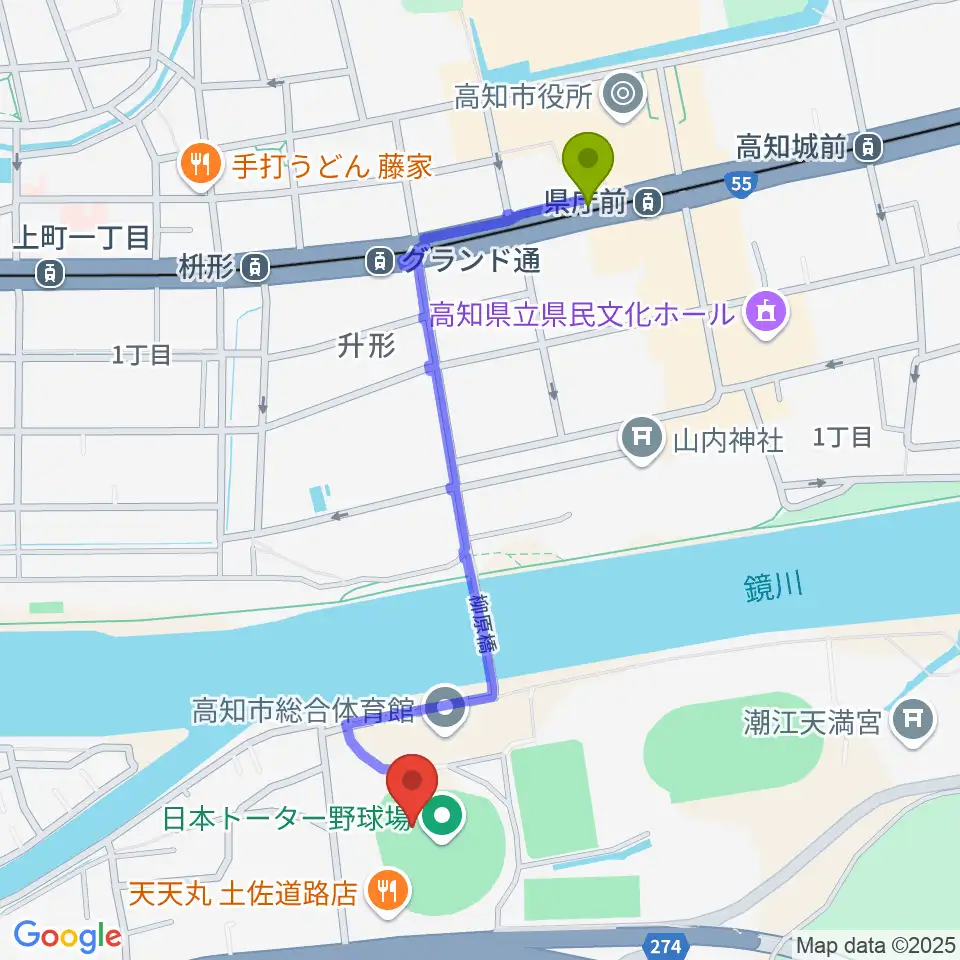 県庁前駅から日本トーター野球場へのルートマップ地図