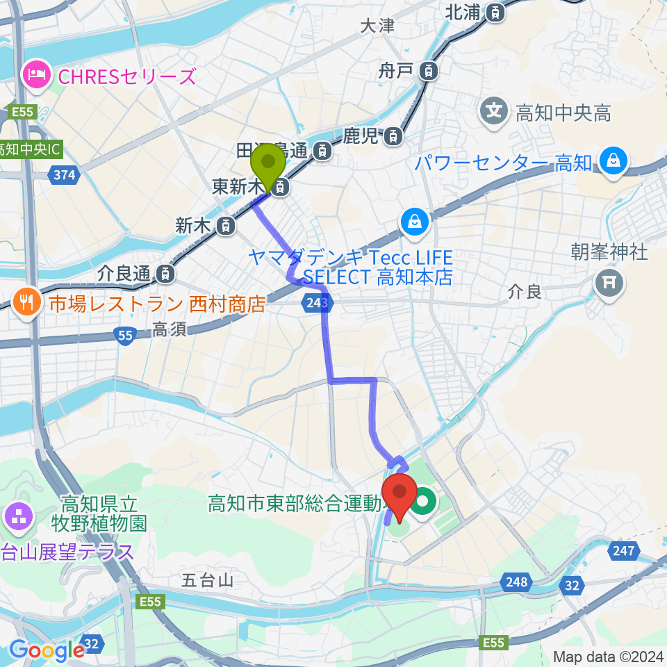 東新木駅から高知市東部総合運動場野球場へのルートマップ地図