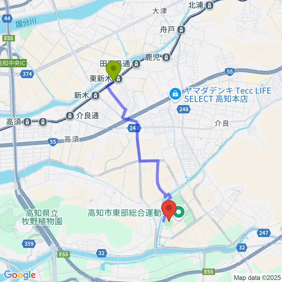 東新木駅から高知市東部総合運動場野球場へのルートマップ地図