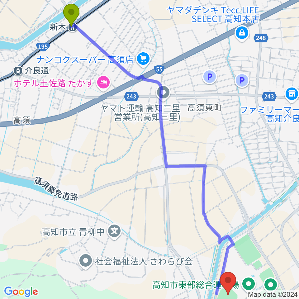 新木駅から高知市東部総合運動場野球場へのルートマップ地図