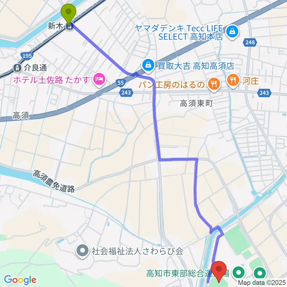新木駅から高知市東部総合運動場野球場へのルートマップ地図