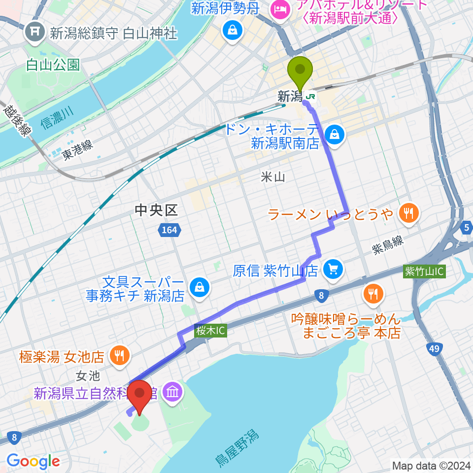 鳥屋野運動公園野球場の最寄駅新潟駅からの徒歩ルート（約46分）地図