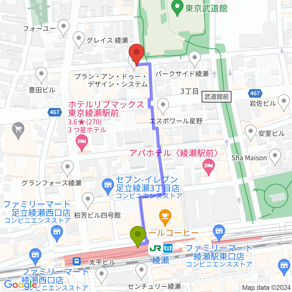 カフェオレーベルスタジオの最寄駅綾瀬駅からの徒歩ルート（約5分）地図