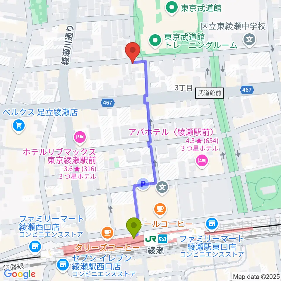 カフェオレーベルスタジオの最寄駅綾瀬駅からの徒歩ルート（約5分）地図