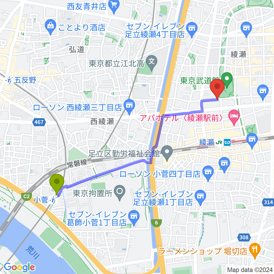 小菅駅からカフェオレーベルスタジオへのルートマップ地図
