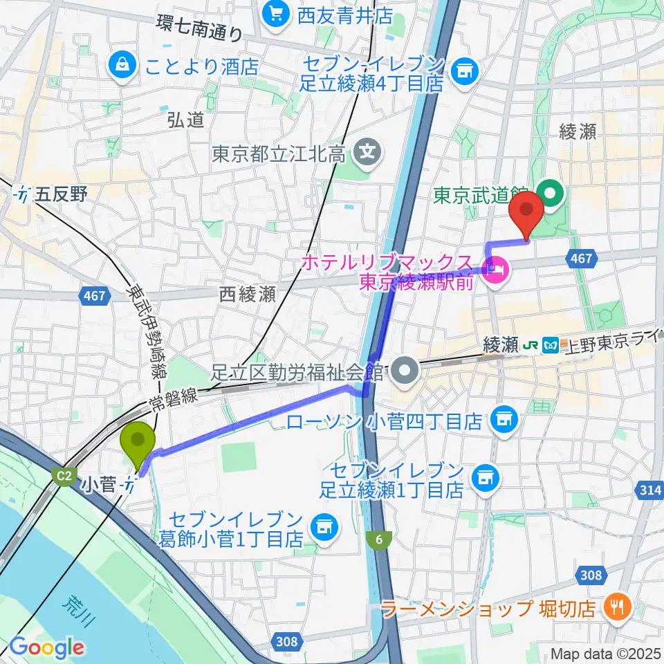 小菅駅からカフェオレーベルスタジオへのルートマップ地図