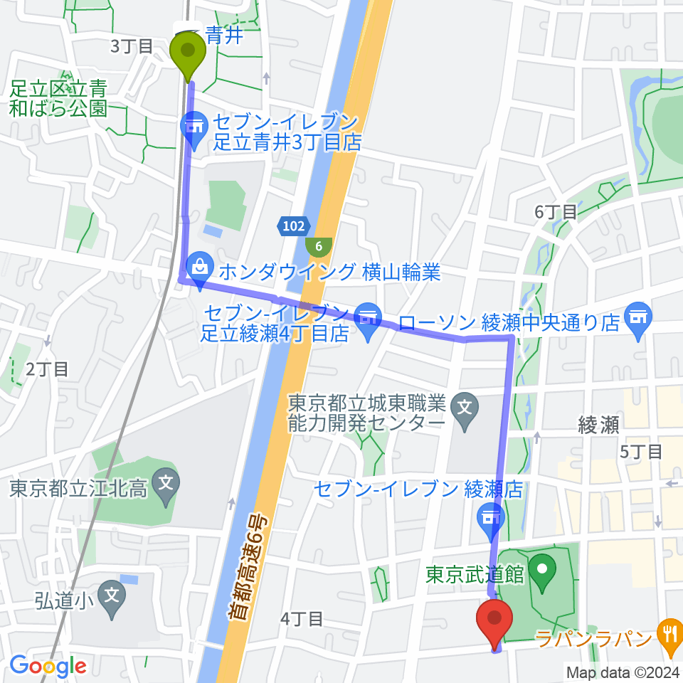 青井駅からカフェオレーベルスタジオへのルートマップ地図