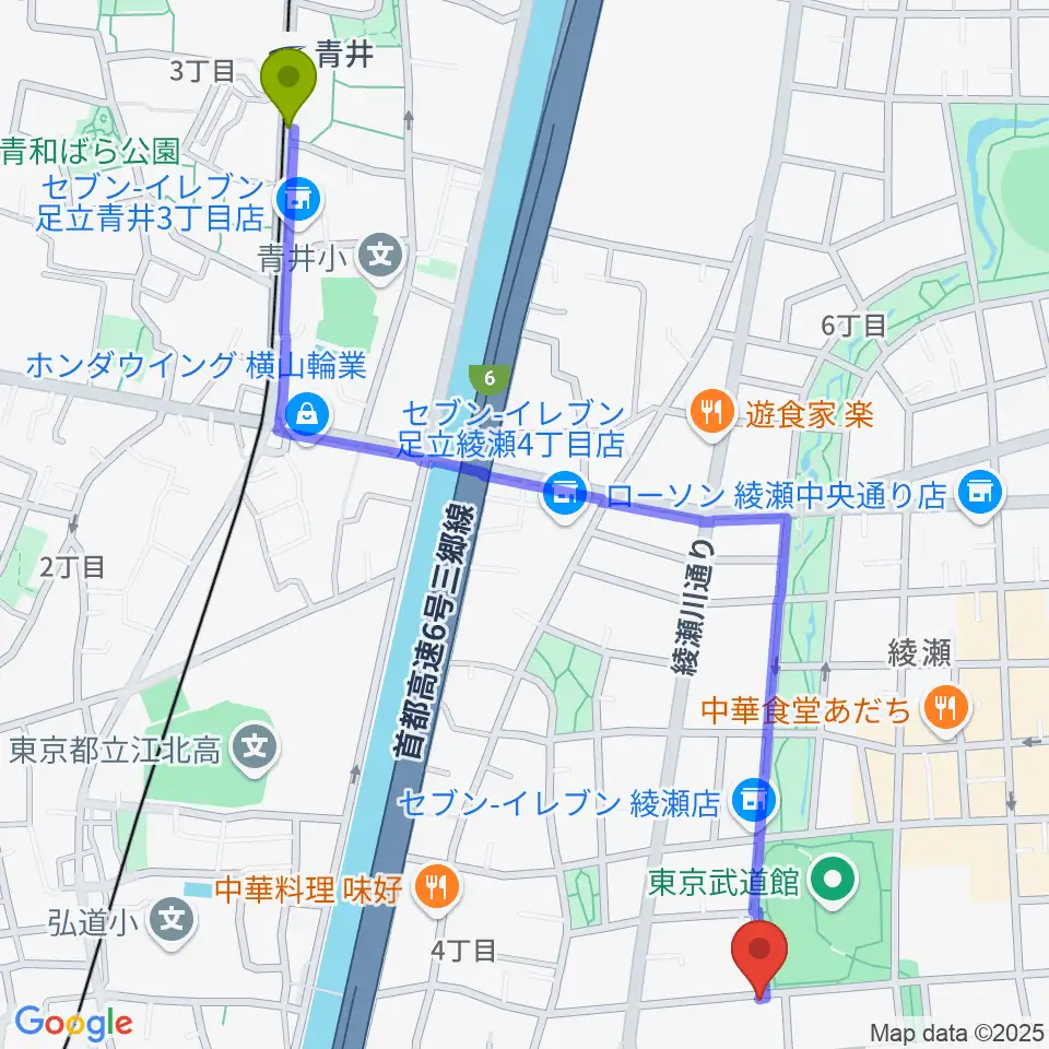 青井駅からカフェオレーベルスタジオへのルートマップ地図