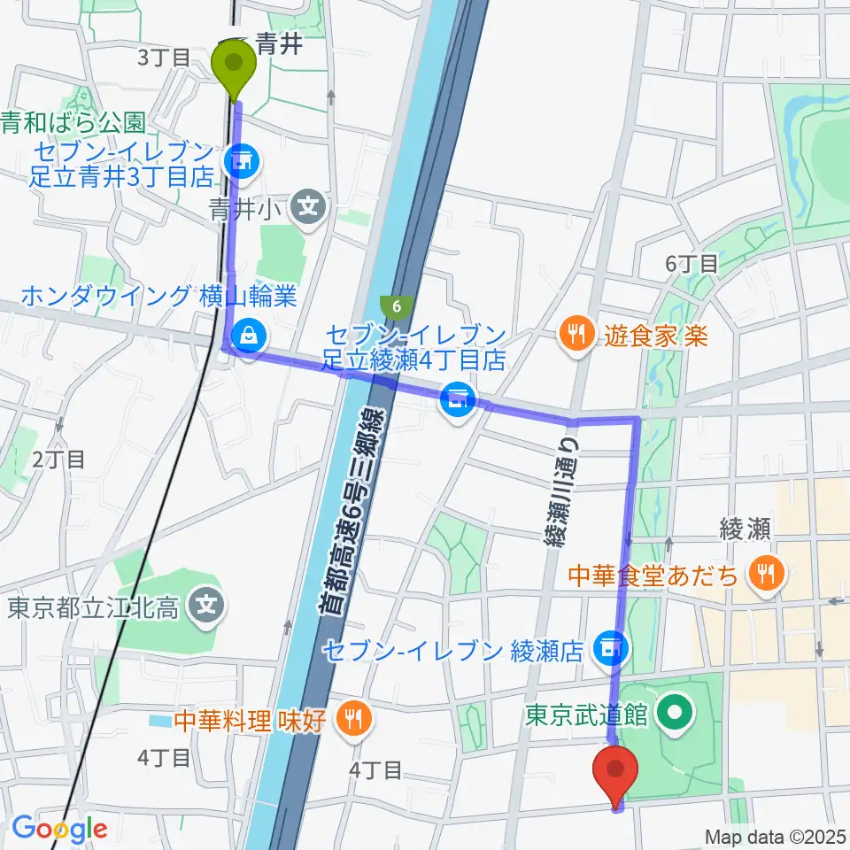 青井駅からカフェオレーベルスタジオへのルートマップ地図