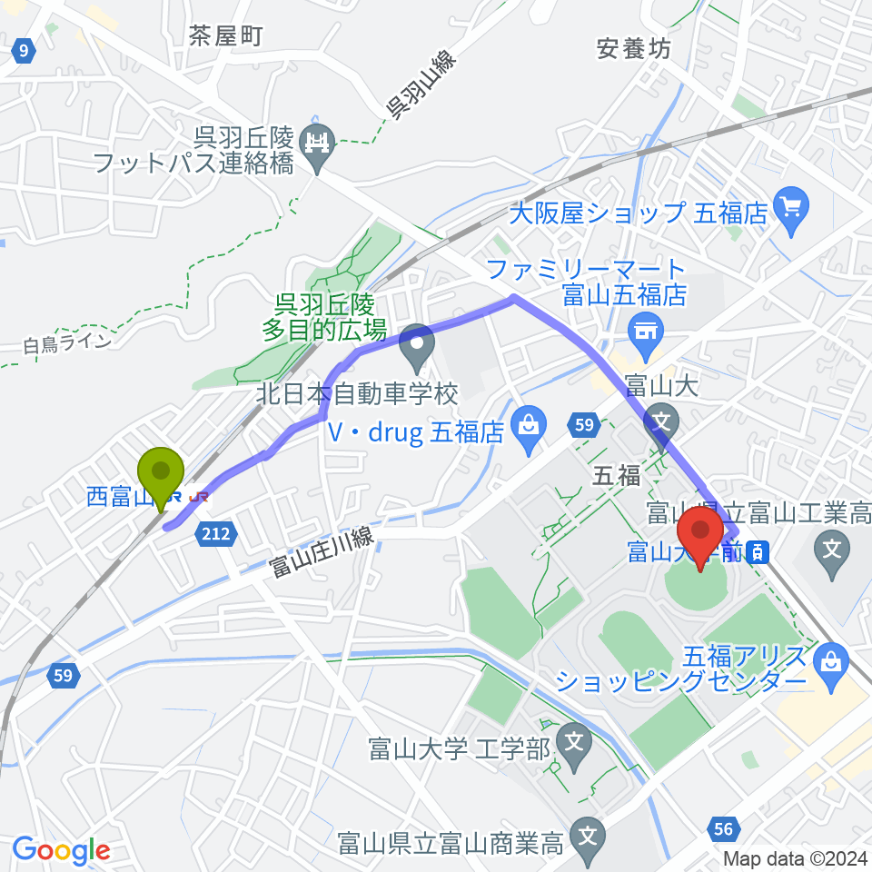 西富山駅から県営富山野球場へのルートマップ地図