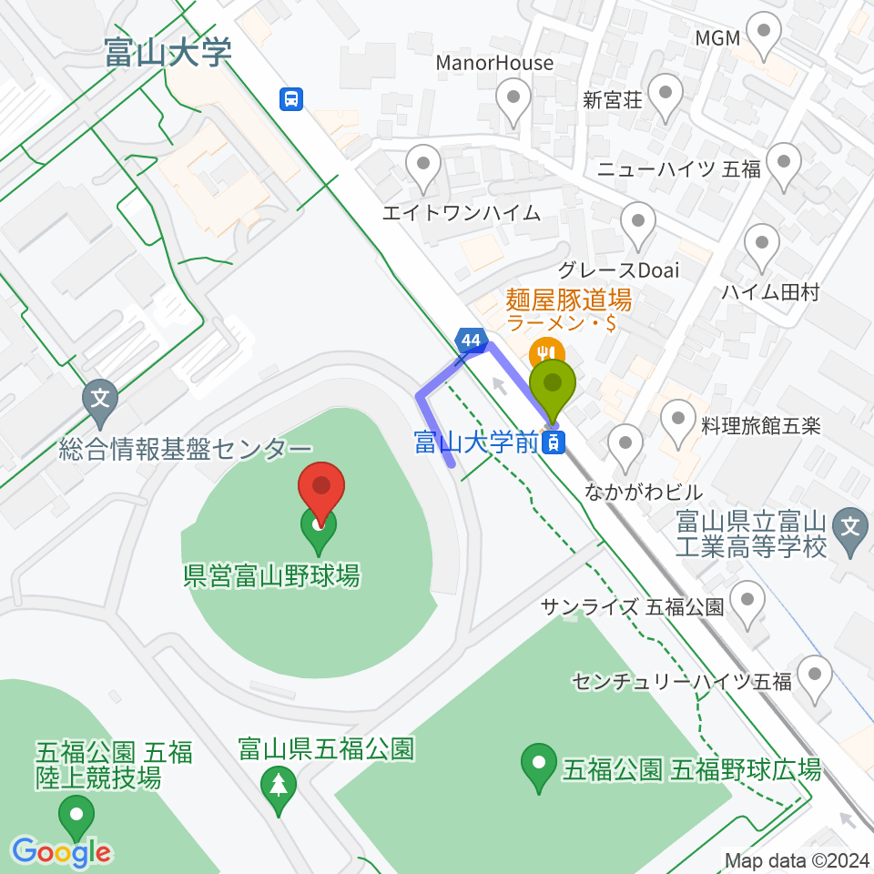 県営富山野球場の最寄駅大学前駅からの徒歩ルート（約2分）地図