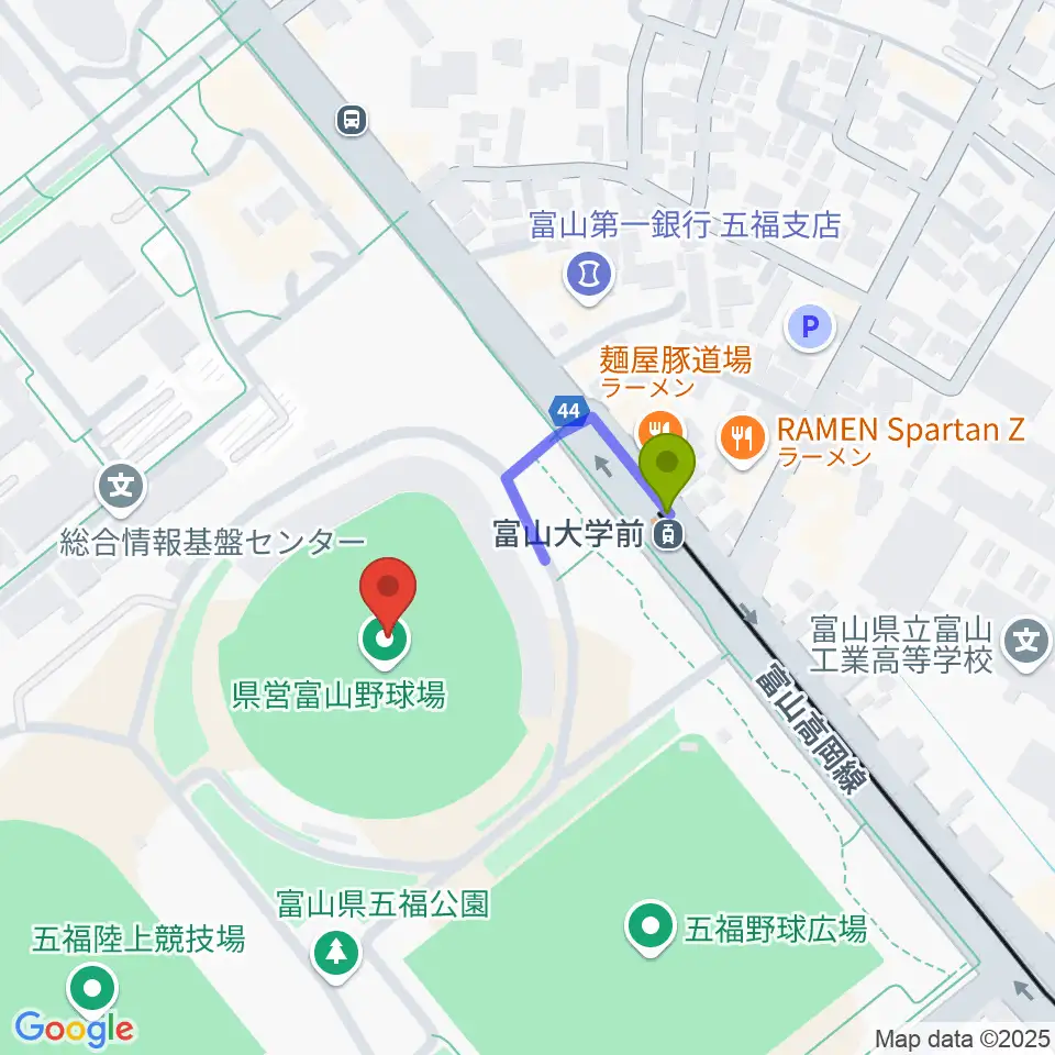 県営富山野球場の最寄駅大学前駅からの徒歩ルート（約2分）地図