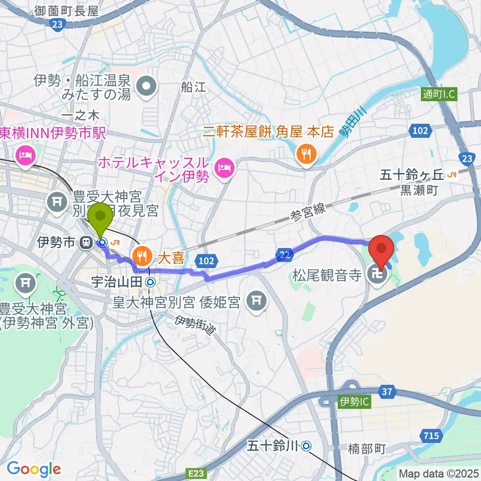 伊勢市駅からダイムスタジアム伊勢へのルートマップ地図