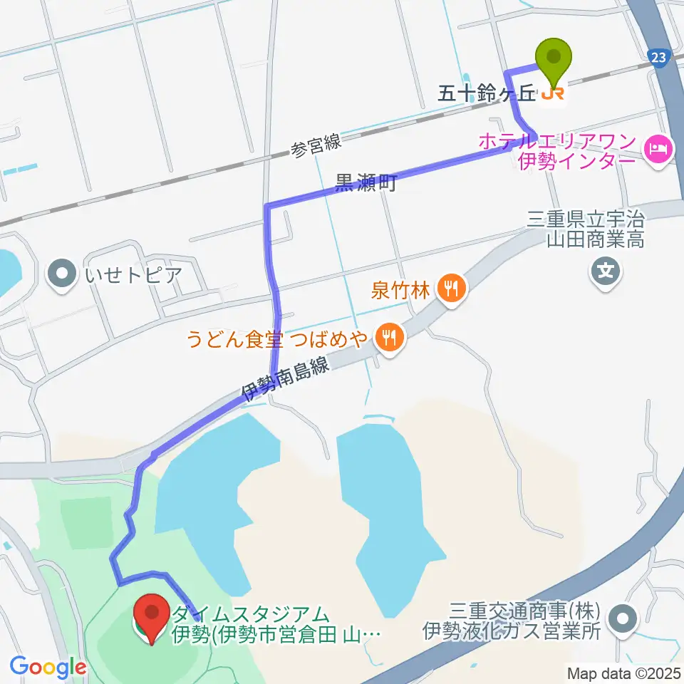 ダイムスタジアム伊勢の最寄駅五十鈴ケ丘駅からの徒歩ルート（約16分）地図