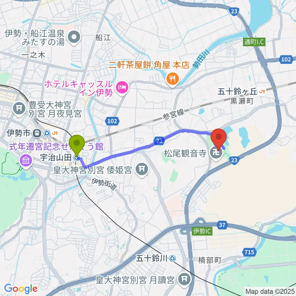 宇治山田駅からダイムスタジアム伊勢へのルートマップ地図