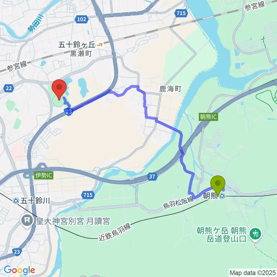 朝熊駅からダイムスタジアム伊勢へのルートマップ地図