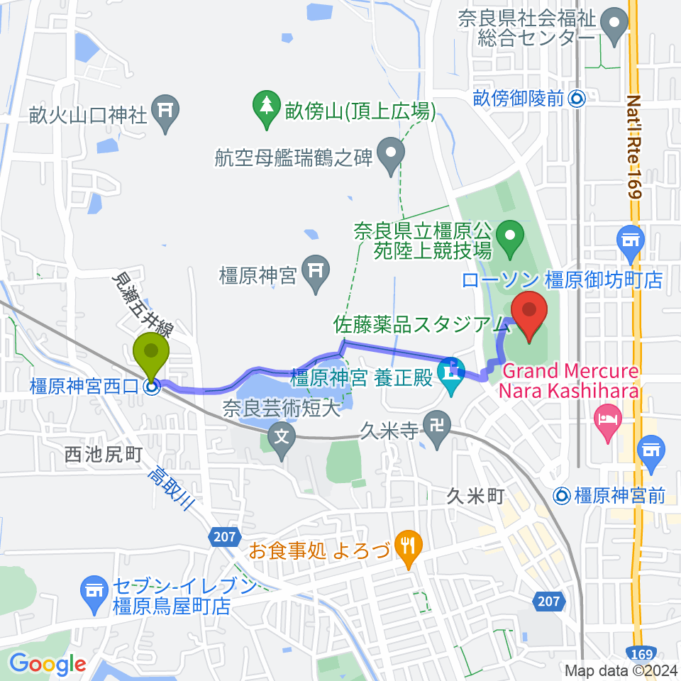 橿原神宮西口駅からさとやくスタジアムへのルートマップ地図