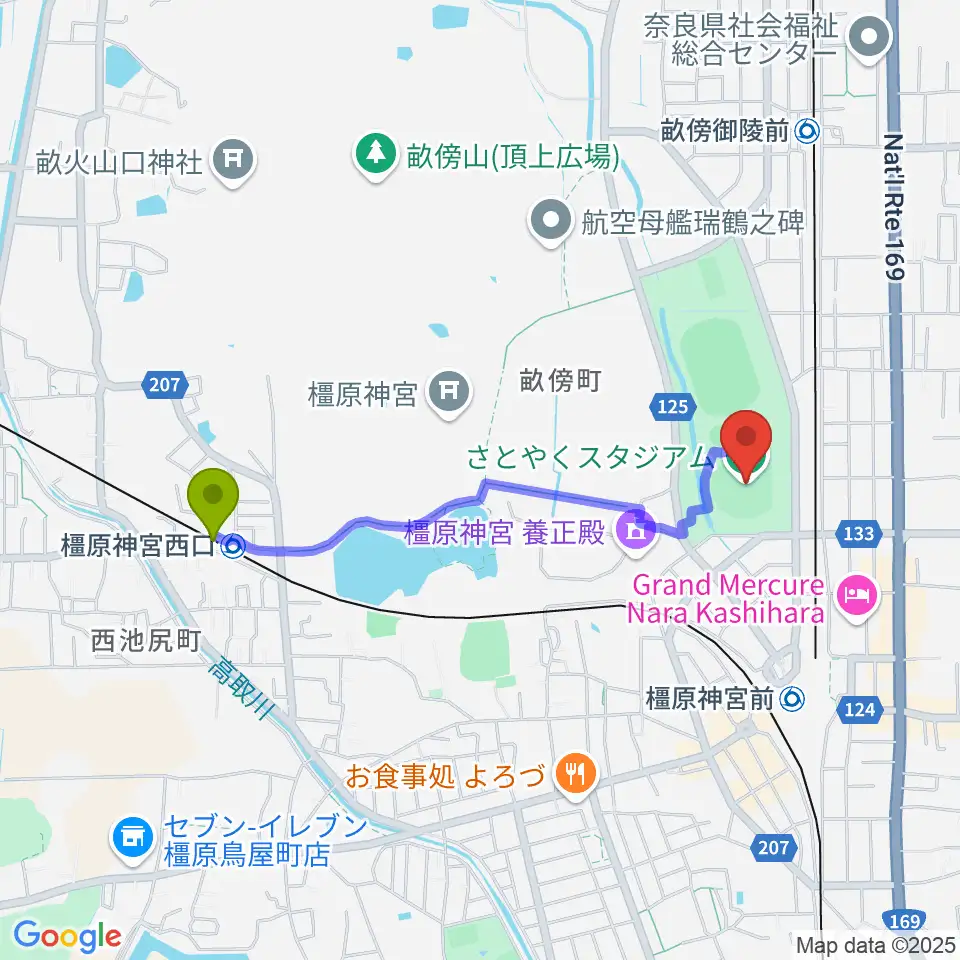 橿原神宮西口駅からさとやくスタジアムへのルートマップ地図