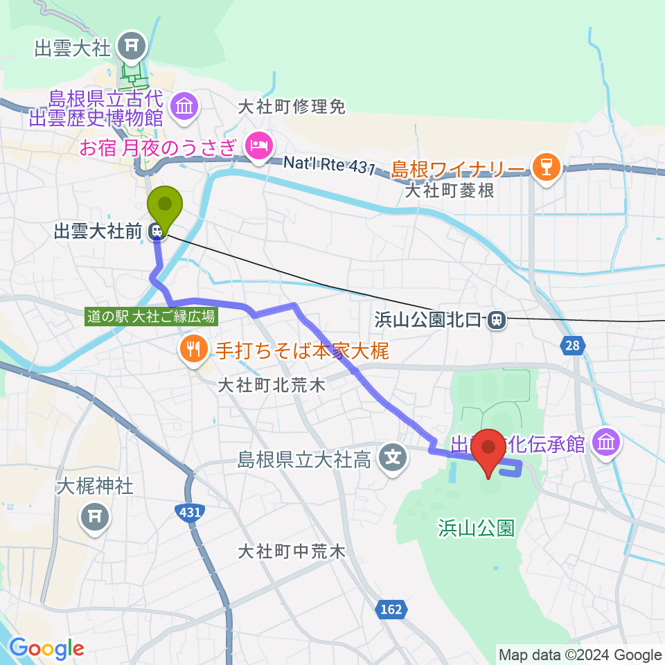 出雲大社前駅から島根県立浜山公園野球場へのルートマップ地図