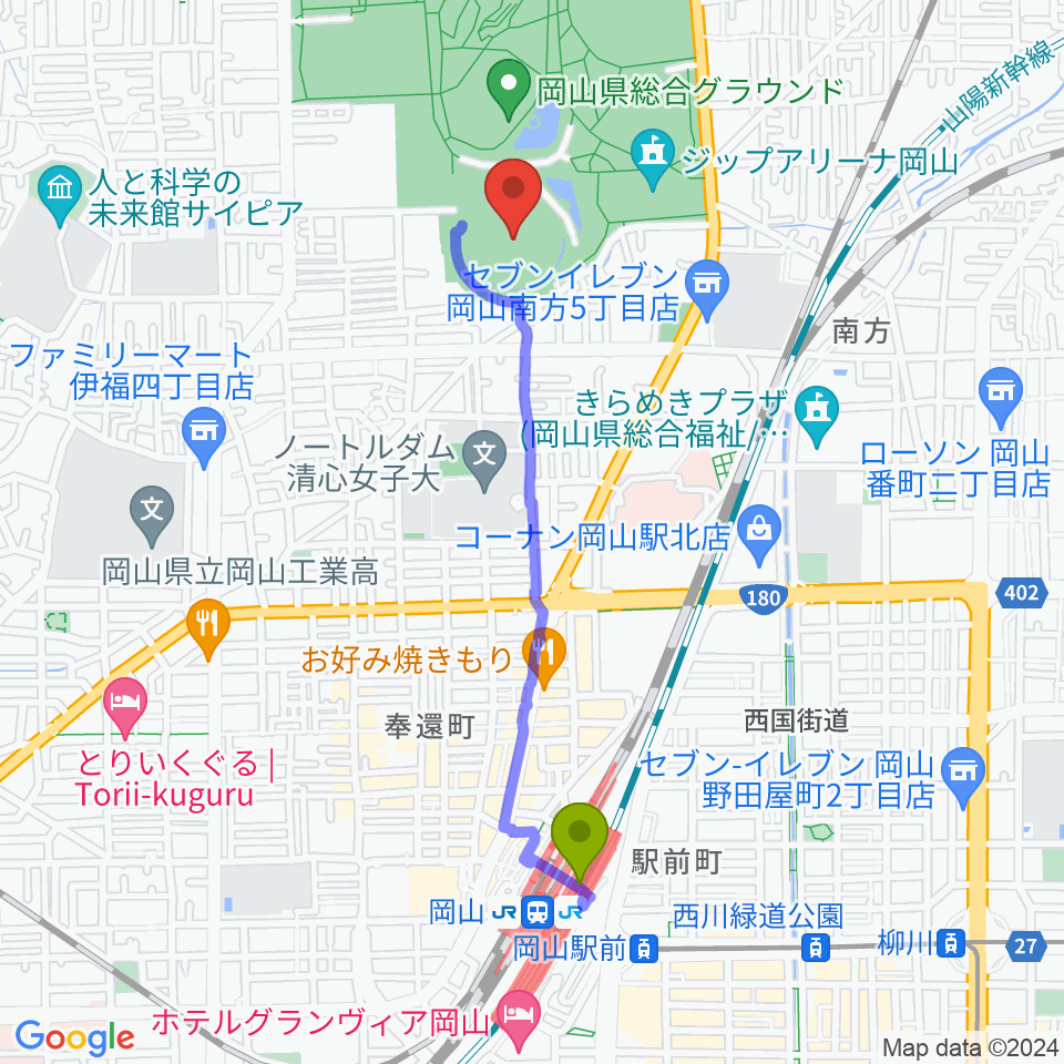 岡山県野球場の最寄駅岡山駅からの徒歩ルート（約19分）地図