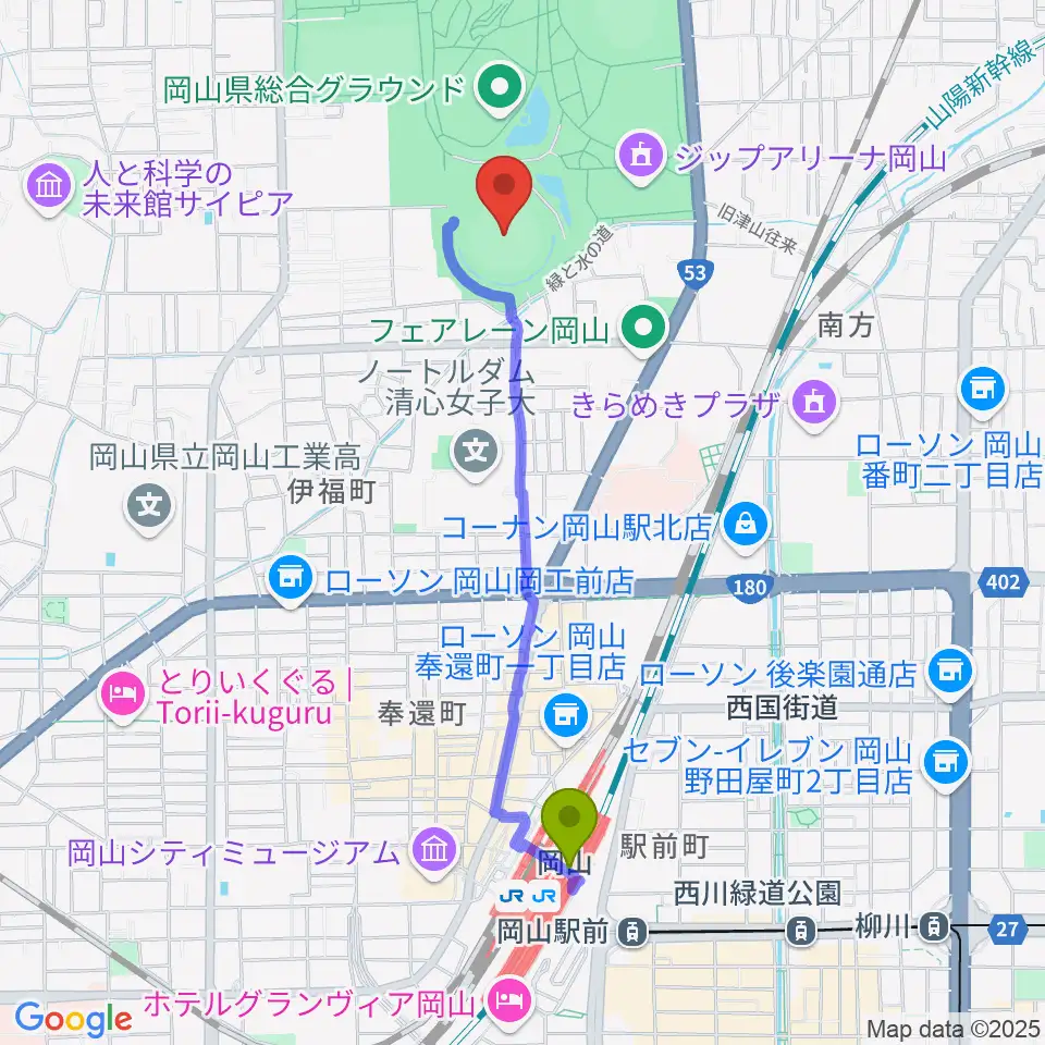 岡山県野球場の最寄駅岡山駅からの徒歩ルート（約19分）地図