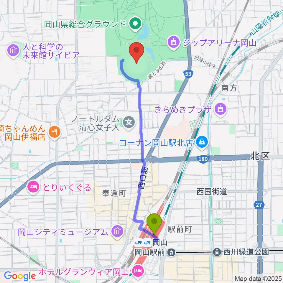 岡山県野球場の最寄駅岡山駅からの徒歩ルート（約19分）地図
