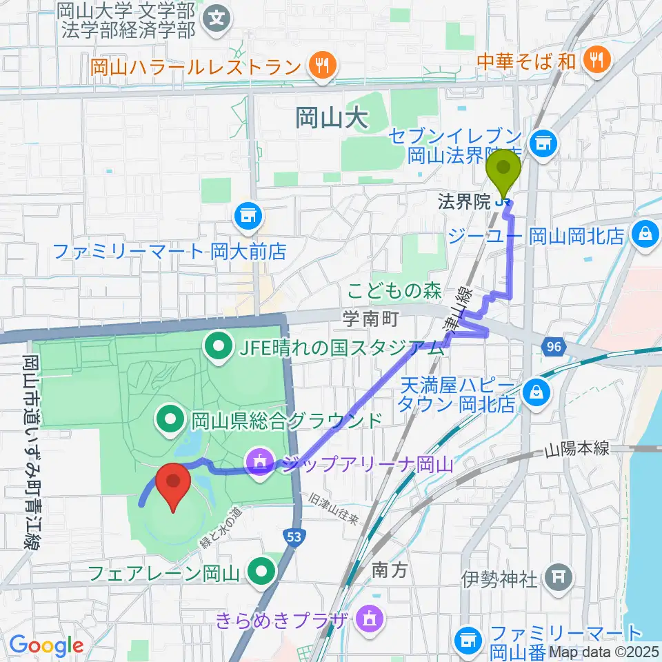 法界院駅から岡山県野球場へのルートマップ地図