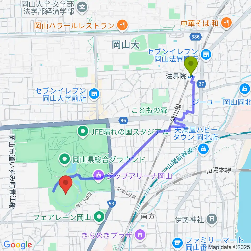 法界院駅から岡山県野球場へのルートマップ地図