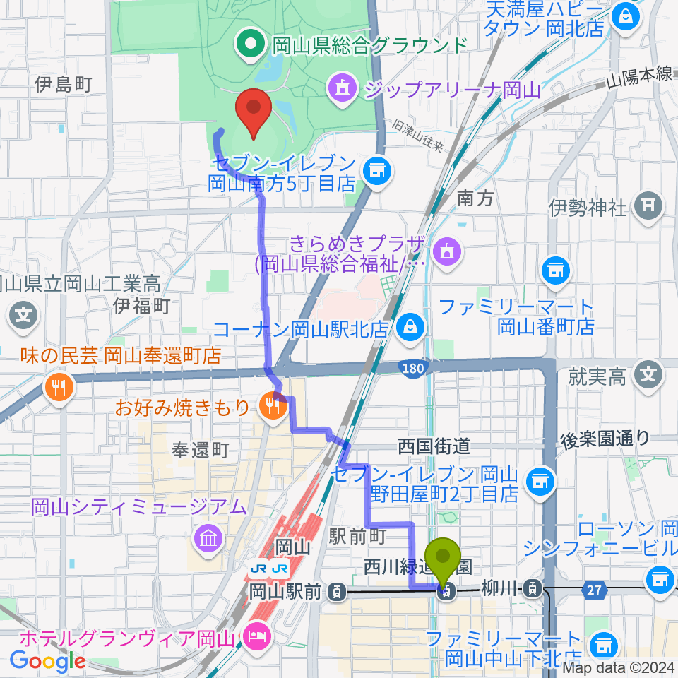 西川緑道公園駅から岡山県野球場へのルートマップ地図