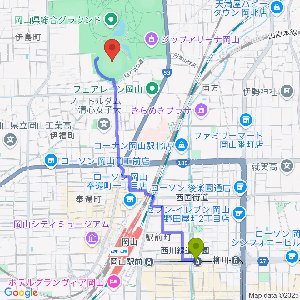 西川緑道公園駅から岡山県野球場へのルートマップ地図