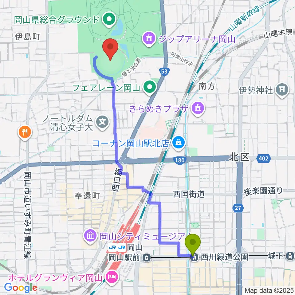 西川緑道公園駅から岡山県野球場へのルートマップ地図
