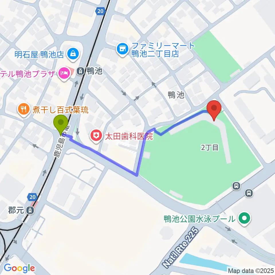 SuMIzei PARKの最寄駅鴨池駅からの徒歩ルート（約5分）地図