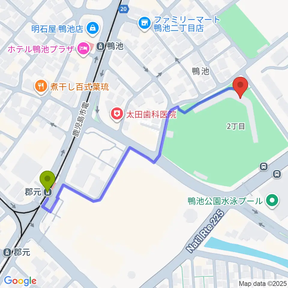 郡元駅からSuMIzei PARKへのルートマップ地図