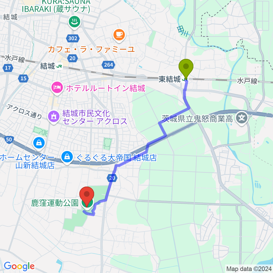 東結城駅から鹿窪運動公園野球場へのルートマップ地図