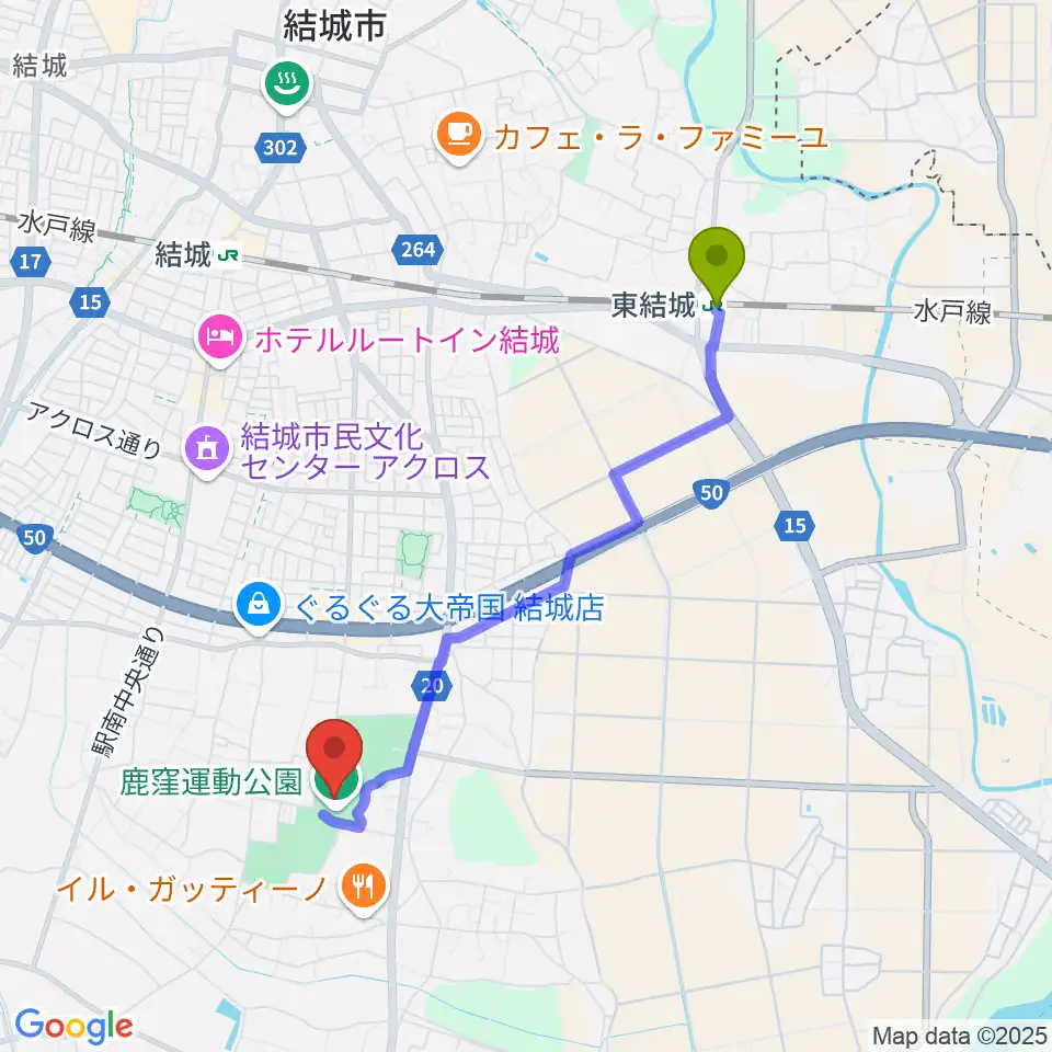 東結城駅から鹿窪運動公園野球場へのルートマップ地図