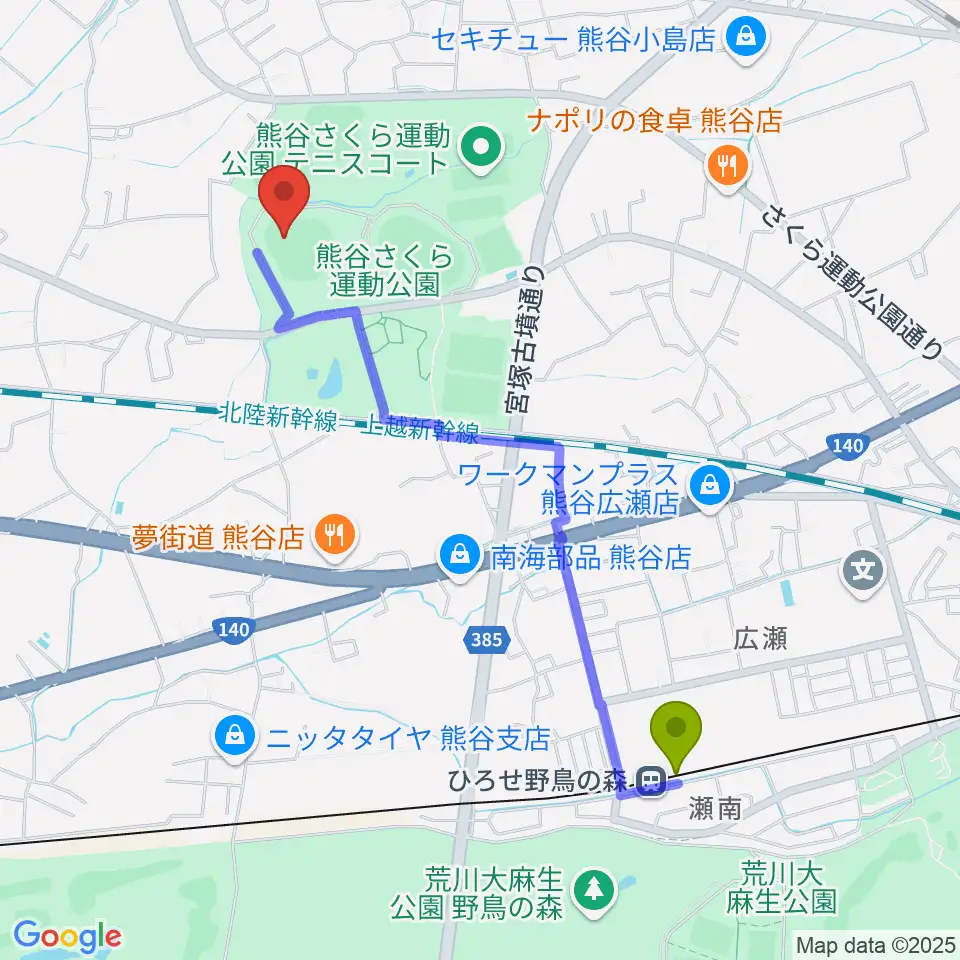 おふろcafe'ハレニワスタジアム熊谷の最寄駅ひろせ野鳥の森駅からの徒歩ルート（約21分）地図