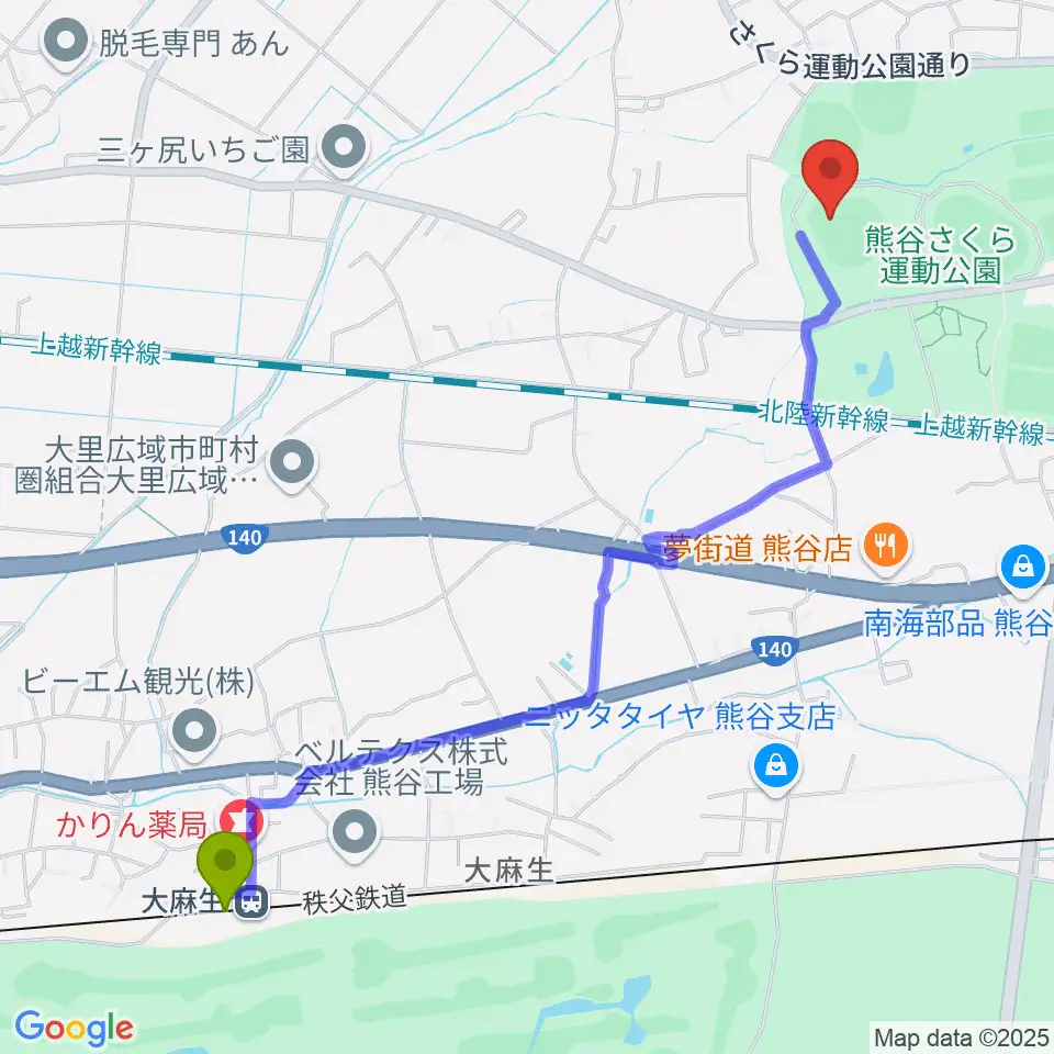 大麻生駅からおふろcafe'ハレニワスタジアム熊谷へのルートマップ地図